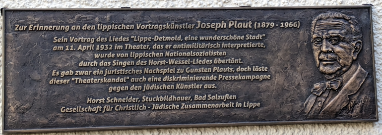 Die Plaut-Gedenktafel, © Foto: Gesellschaft f. Chr.-Jüd. Zusammenarbeit in Lippe e. V
